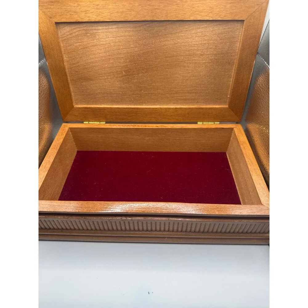 Vintage Wooden Jewelry Box Marquetry Inlay Fluted Base Red Velvet Lining 12in